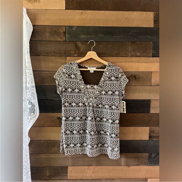 Y2K 2000s Liz Claiborne Floral Embroidered Lace Brown Layered Short Sleeve Top - Picture 9 of 11